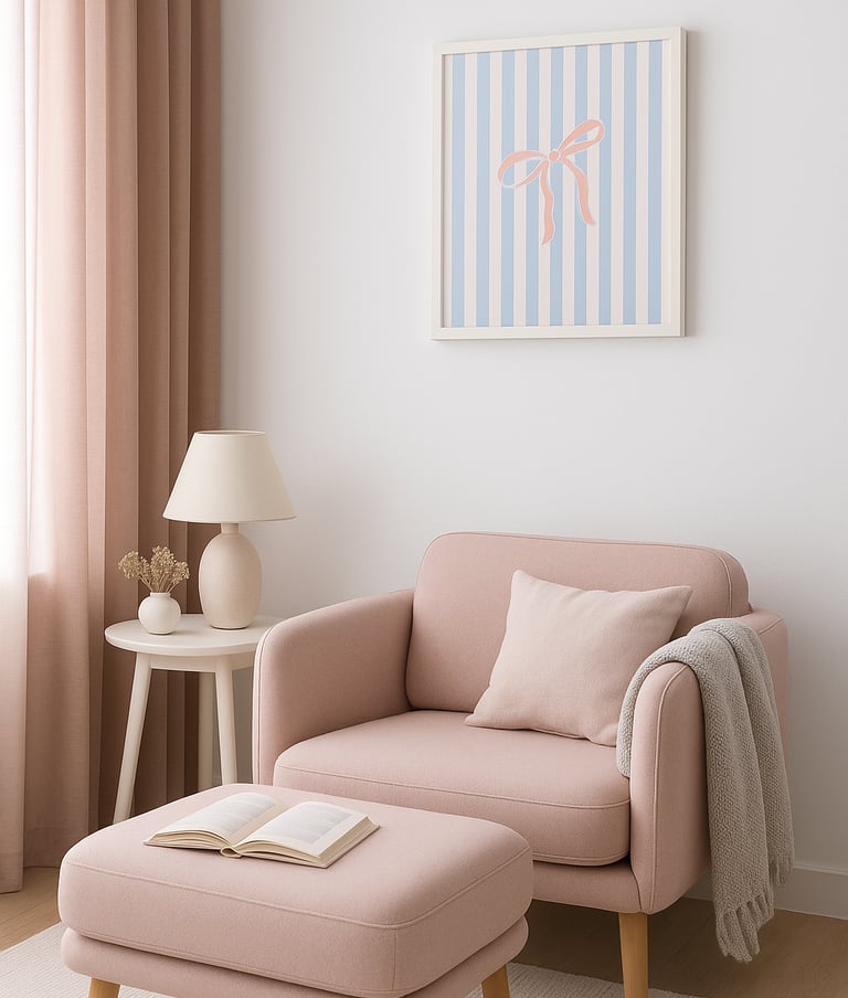Cute pinterest worthy cozy corner having an art print of pink coquette on blue stripes