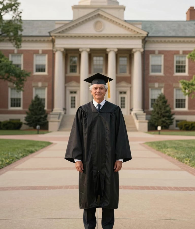 A wide-angle shot of a senior student in a graduation gown standing on a North American college campus with traditional architecture, elegant posture, soft natural light with warm taupe and cream tones.