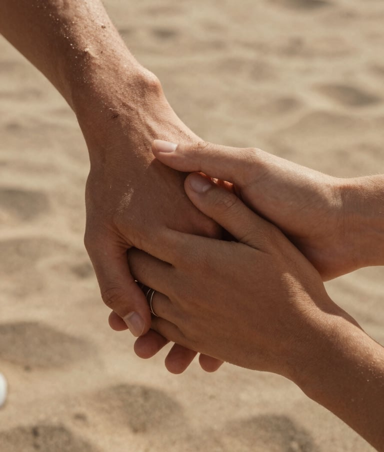 A detailed photographic shot of a couple's interlaced fingers, soft warm sand sunlight filtering through, North American / US outdoors, earthy terracotta skin tones.