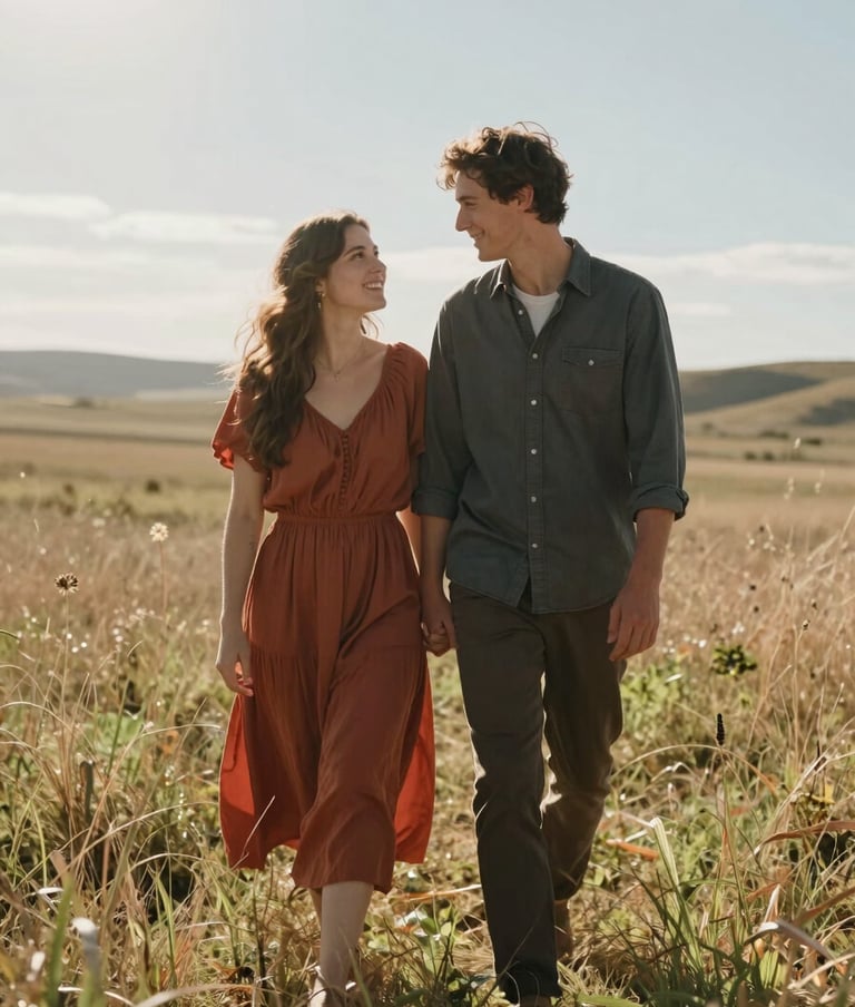 A heartwarming lifestyle photograph of a couple in a sun-drenched North American / US meadow. The style is candid and cinematic, with natural lens flare. Clothing includes accents of Terracotta and Charcoal against a Soft Sand landscape.