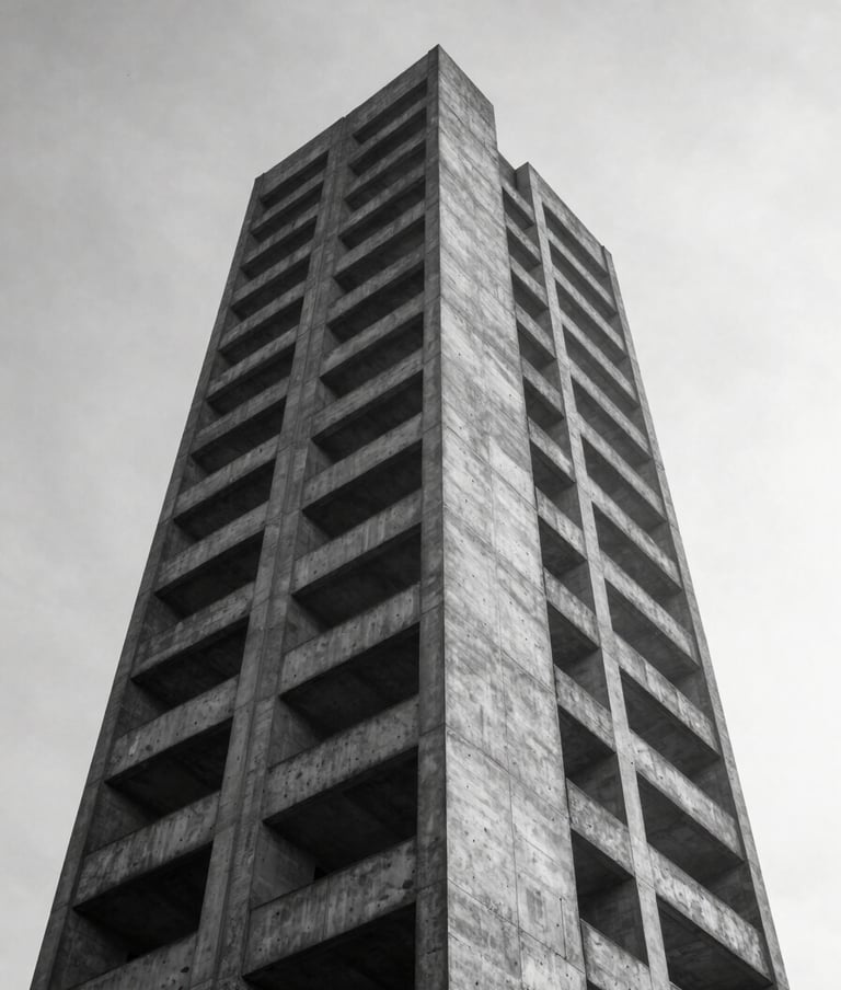 A high-contrast black and white architectural photograph of a brutalist concrete tower reaching toward a pale mist sky. The composition is clean and geometric, emphasizing the depth and texture of the material.
