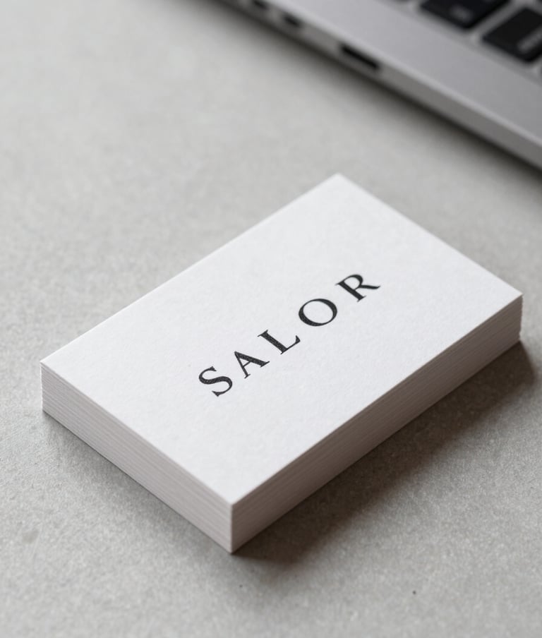 A close-up of premium business cards with elegant minimalist typography, resting on a light grey textured surface in a bright International / Western corporate environment, clean lines and professional aesthetic.