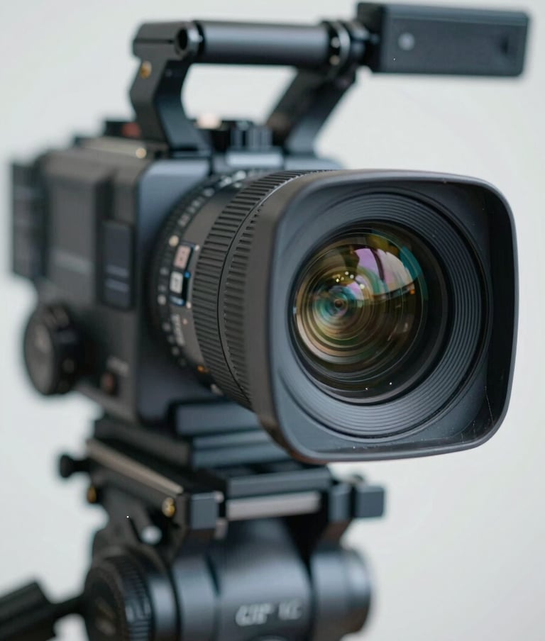 A close-up of a high-end cinema camera lens used for sports broadcasting. The lens reflects a professional studio environment with cool neutral tones (#4A6075, #8EA7BF). The shot is crisp and detailed.
