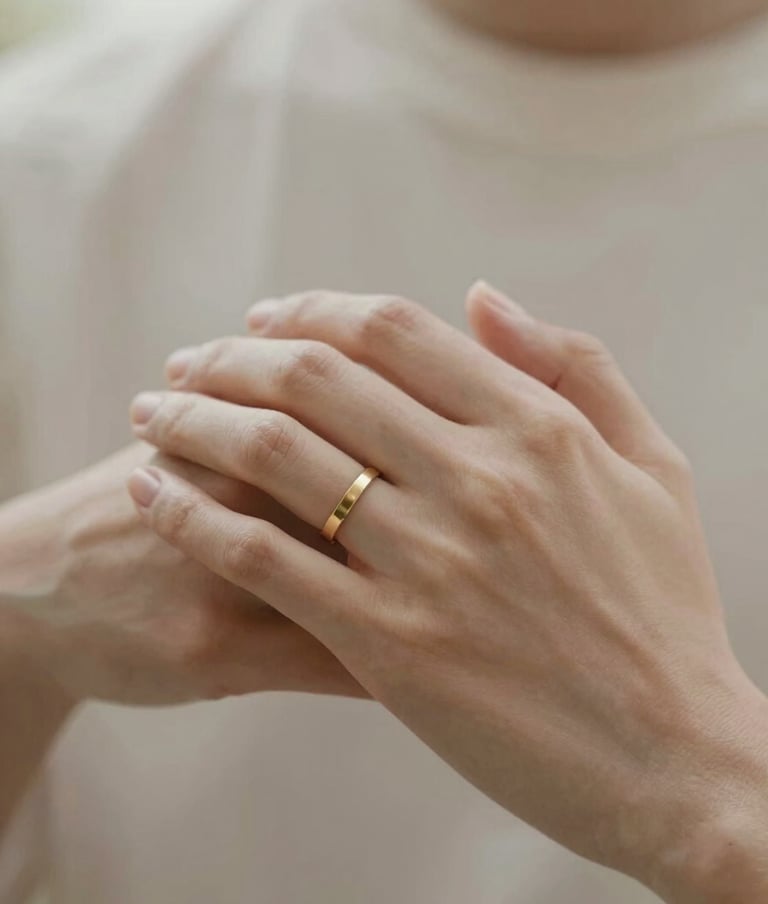 An intimate, close-up shot of two hands gently holding each other, focusing on the skin's texture and a simple gold ring. Soft, warm natural lighting. Palette includes #F8F5EF and #C8B6A6.