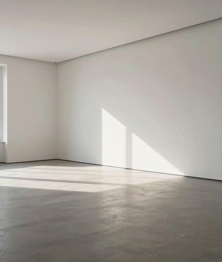 An expansive wide shot of an empty minimalist art gallery, featuring off-white walls and soft gray flooring with dramatic natural light, Global / Contemporary Art.