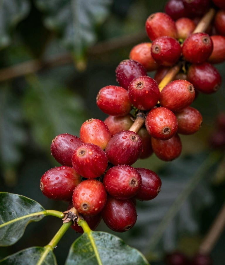 Macro photography of bright red, ripe coffee cherries on a branch with deep forest green leaves. Soft natural lighting emphasizing the texture and authentic craftsmanship of nature in a South American plantation.