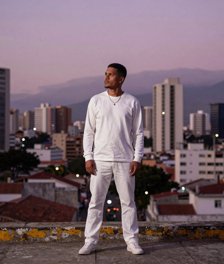 A wide photography shot of a musician in a thoughtful pose against an urban South American / Venezuelan cityscape of Maracay at dusk, cinematic and authentic lighting. Palette colors used: Off-white and Mauve.