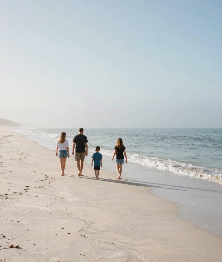 A North American / US family of four walking along a misty shoreline at sunrise. The composition is artistic and wide, featuring the muted blue of the ocean and creamy off-white sand.