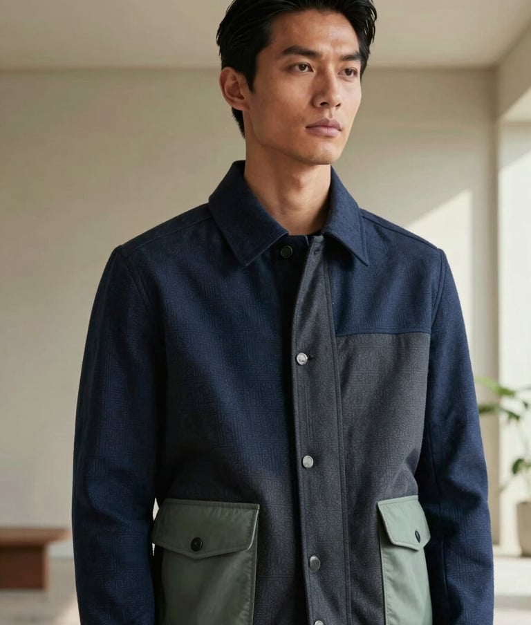 A cinematic editorial photograph of a model in an East Asian / South Asian influenced for a global luxury audience setting, wearing an structured indigo and charcoal jacket with sage green accents. They are standing in a minimal, high-ceilinged room with soft natural light.