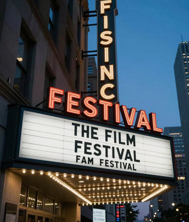 A sharp, cinematic photograph of a contemporary film festival marquee in a major US city at twilight. The scene is illuminated by glowing signage and deep blue evening light, exuding an air of prestige and cinematic excitement.