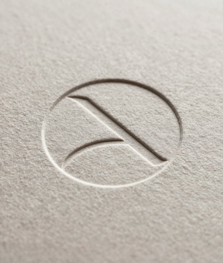 A macro, close-up shot of a minimalist logo embossed on textured off-white paper, focusing on the sophisticated finish and clean lines.