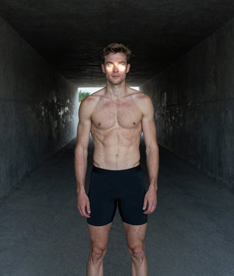 A cinematic, full-bleed portrait of a focused athlete in a dark concrete tunnel, light catching only their eyes, Northern European / Dutch setting, minimalist and powerful composition.