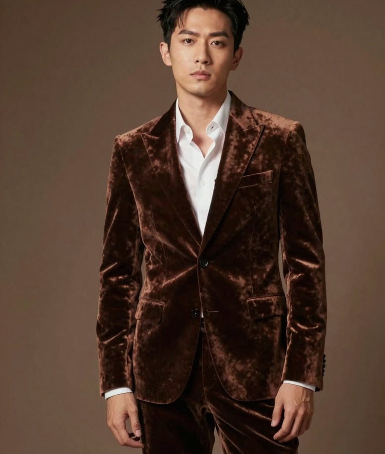 Cinematic portrait of P.E.P YLS in a studio setting, wearing a premium #3D2C20 velvet suit. Lighting is artistic and moody with #8D765D highlights, showcasing his confident persona.