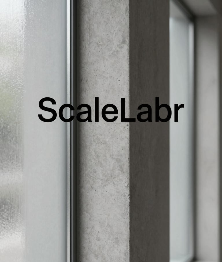 A high-end, close-up shot of architectural textures—concrete and frosted glass—in shades of #D8D8D8 and #8E8E8E. The composition is balanced and geometric, representing the precision of ScaleLabr. Soft natural light, premium feel.