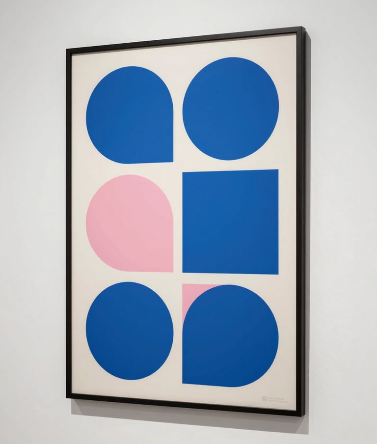 An artistic eye-level photograph of a large, framed Bauhaus-style poster hanging on a white wall in a gallery in New York. The poster features bold circles and squares in cerulean blue and soft pink. Clean, minimalist composition.