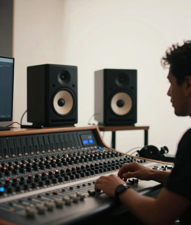A creative music producer at a mixing desk, silhouettes against large studio monitors, cinematic atmosphere with soft off-white lighting highlights, in a modern South American / Colombian music facility.