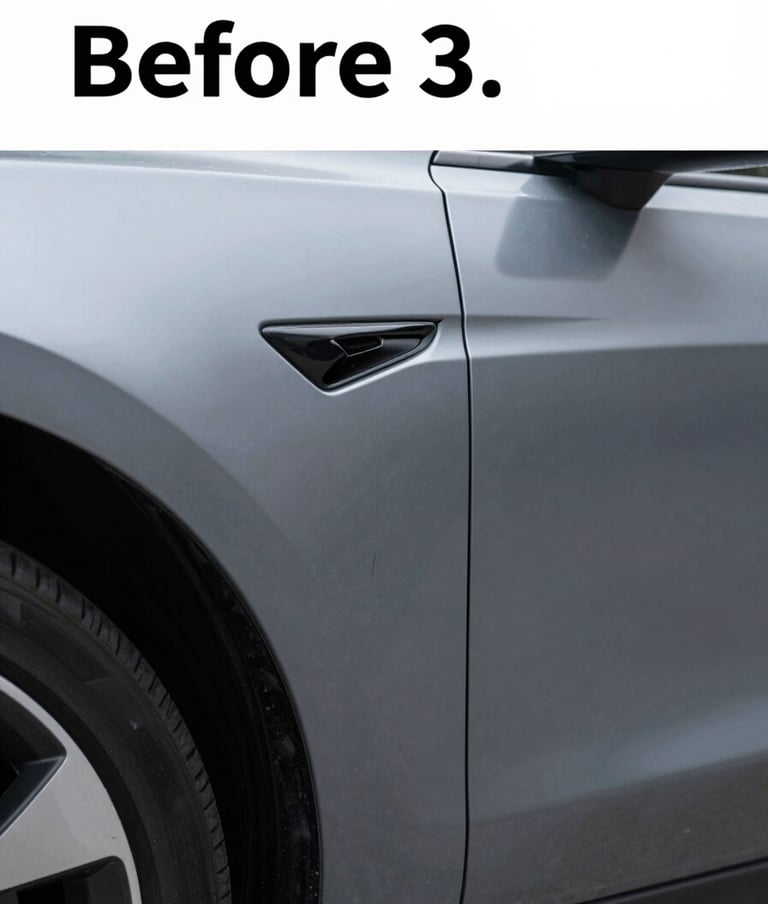 The 'Before' shot: A prominent, sharp dent on a high-end vehicle panel. The lighting is positioned to emphasize the depth of the damage. Powerful and honest visual of the challenge.