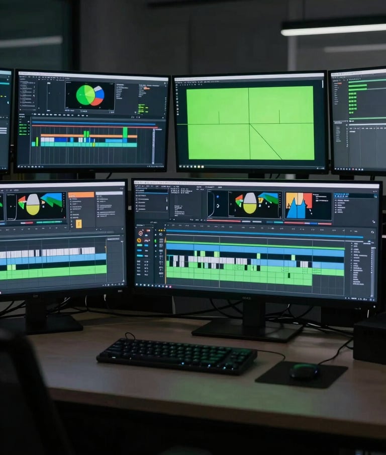 Cinematic shot of a professional editing suite at night. Multiple monitors showing complex motion design timelines in a dark, minimalist Brazilian office. Highlights in white and neon green.