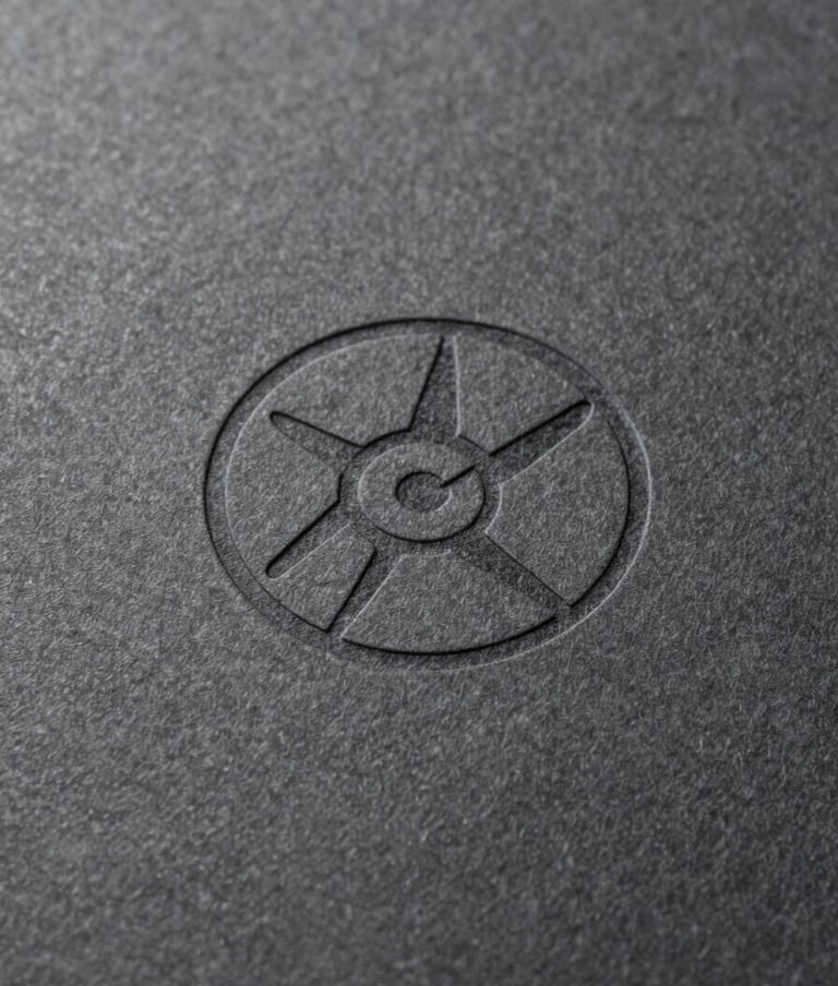 A desaturated, close-up photograph showing the texture of high-quality charcoal-colored paper with a subtle embossed logo. Soft natural light highlights the grain and craft, reflecting a premium art direction approach.