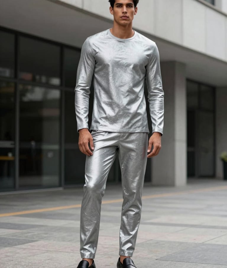 Full-body photography of a fashionable South American / Brazilian male model posing in a modern urban architectural setting. He is wearing silver gray contemporary attire. The style is sharp, clean, and elegant, characteristic of a high-fashion editorial.
