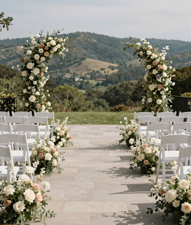 A wide-angle photograph of a North American / European wedding ceremony aisle. Minimalist white chairs are lined up on a stone terrace, with floral arrangements in soft cream and muted taupe colors framing the view of distant hills.