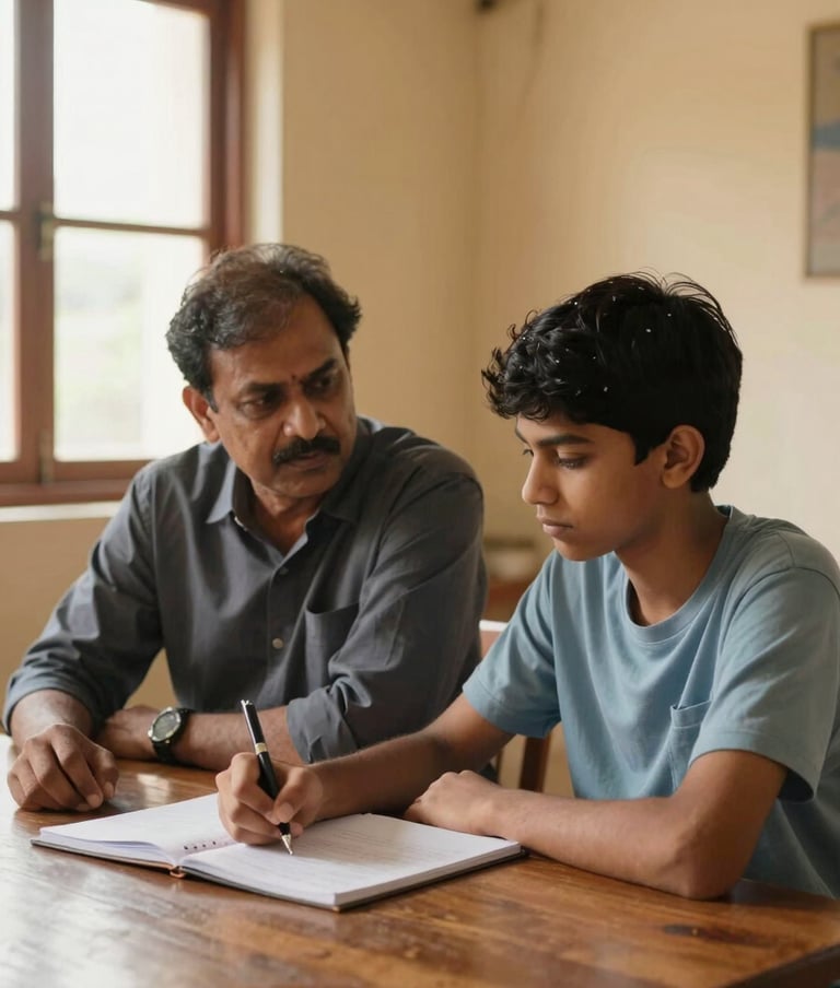 Close three-quarter angle of a mentor and a teenage student seated side by side at a low wooden table in a sunlit room, the mentor leaning slightly toward the student whose pen is paused over an open notebook, natural daylight from a window just out of frame, Karnataka interior, warm ochre walls