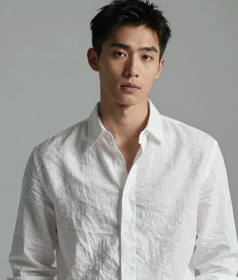 A minimalist high-fashion portrait of a person in a white linen shirt against a light grey background. Soft, diffused lighting creating elegant shadows. International / Professional. Colors: white, light grey, and charcoal.