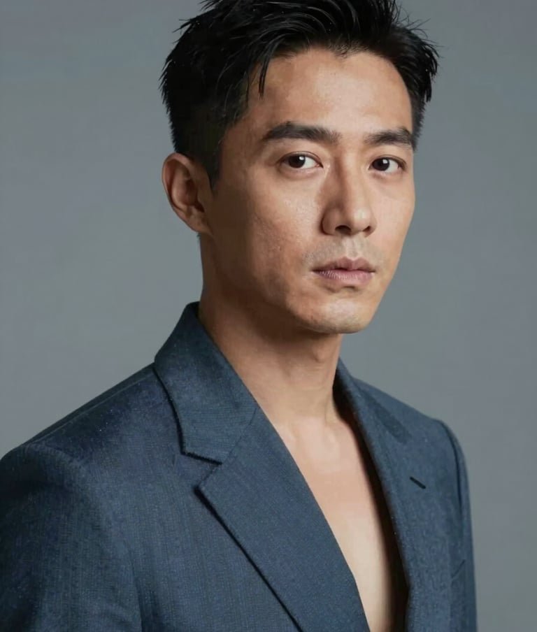 Artistic portrait of a talented diverse actor in high-fashion attire, soft lighting with #74A8AE color accents, sophisticated gaze, professional studio setting, reflecting modern elegance.