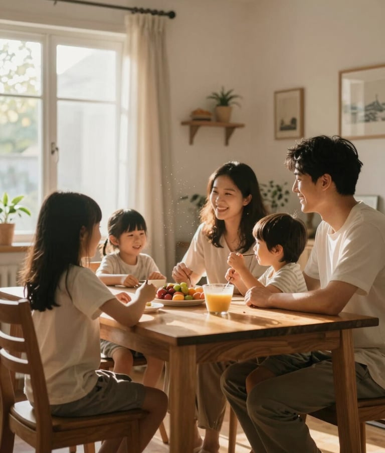A candid, lifestyle photograph of a young family sitting at a wooden dining table inside a sun-filled room. The light is warm and cinematic, catching dust motes in the air. The mood is peaceful and authentic, showing real-world connection.