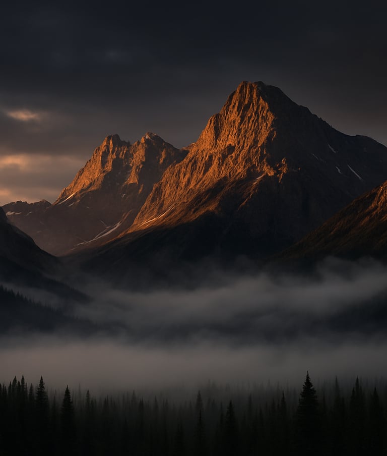 A breathtaking wide cinematic shot of a mist-covered mountain range in a North American park at sunrise, dramatic gold highlights on the peaks against a deep charcoal sky, inspiring scale.