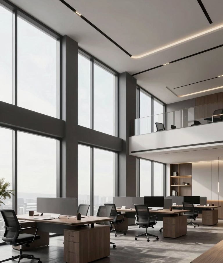 A wide cinematic shot of a modern, high-ceilinged virtual office with large windows. The interior is decorated in dark grey and off-white with gold accents. Global / Western.