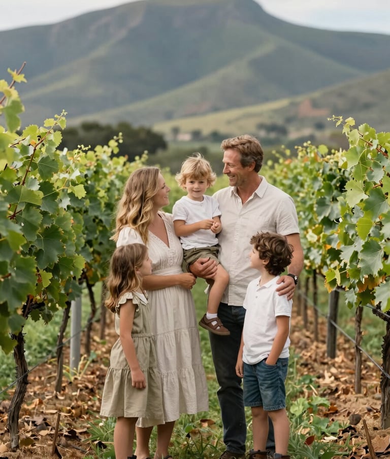 A beautiful family portrait in a South African vineyard. The parents and children are interacting naturally, surrounded by lush green vines and a hint of dark forest green in the distant mountains. The style is bright and airy.