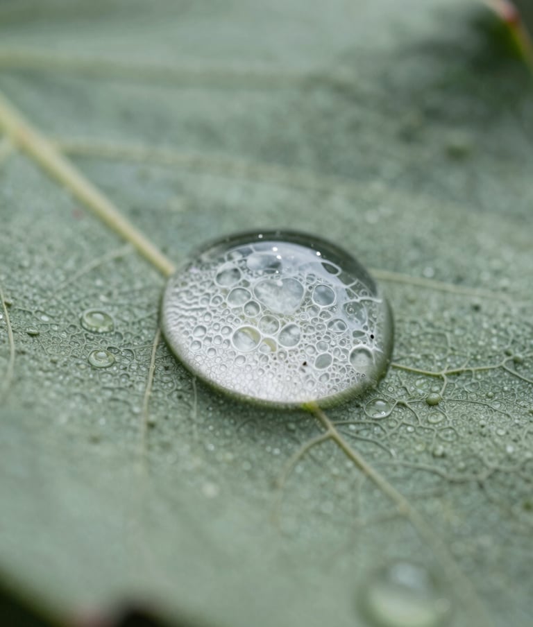 Extreme macro photography of a droplet of water on a leaf, captured at the moment of vibration. The surface ripples are intricate, reminiscent of microscopic cellular structures. Colors include milky glass white and muted sage greens.