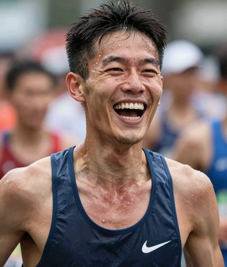 A candid, close-up portrait of a runner expressing pure joy and exhaustion after crossing the finish line. Soft lighting, focus on beads of sweat and authentic emotion. Background shows a blurred crowd with #8C847E tones. Professional and human-centric.