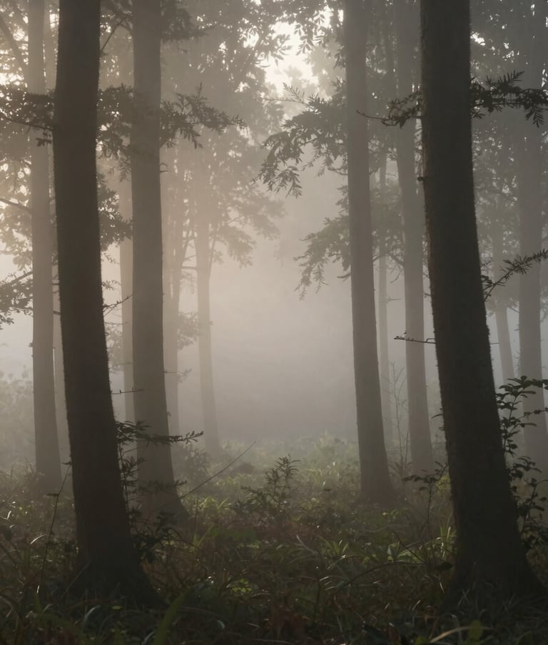 Serene fine art photography of a misty forest morning, capturing the subtle beauty of sunlight through trees using #362C27 and #F5F2EF tones.