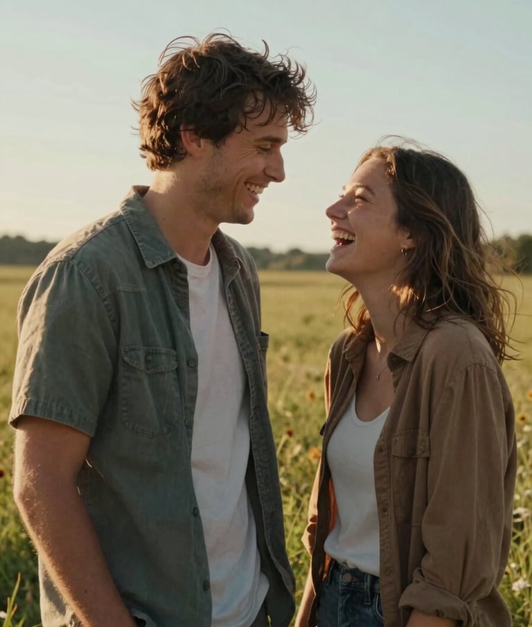 Candid cinematic portrait of a happy couple sharing a laugh in a sun-drenched North American meadow. The lighting is warm and golden hour, highlighting the textures of their casual clothing. Authentic human interaction.