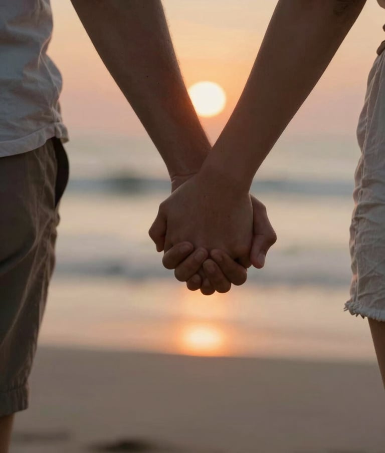 A close-up cinematic photograph of two people holding hands while walking on a North American beach, the Soft Sand reflecting the orange glow of the sun, focus on the texture of the skin and the warm light.