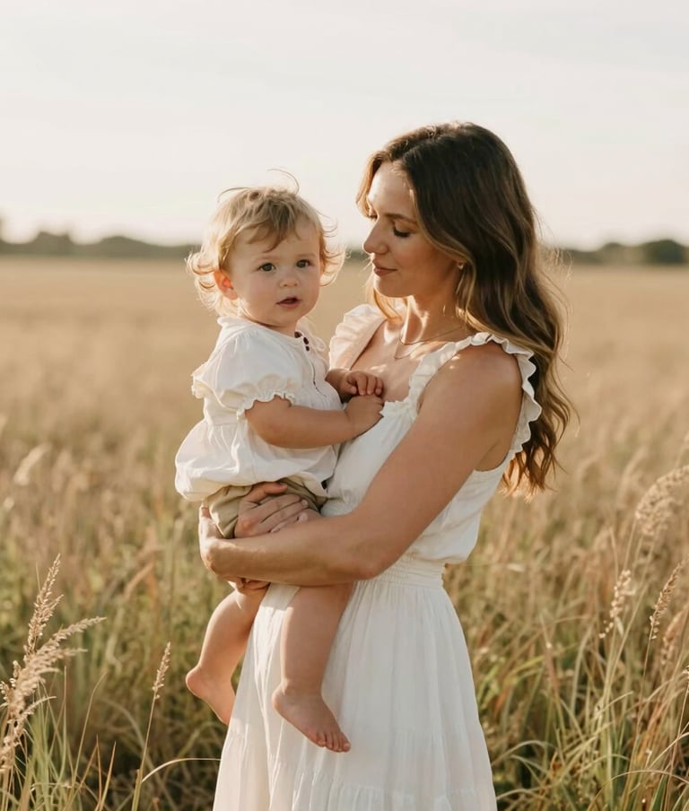A heartwarming portrait of a mother holding her toddler in a field of tall grass in North American / US (West Michigan). Soft high-key lighting, warm tan and off-white colors, conveying a sense of timeless elegance.