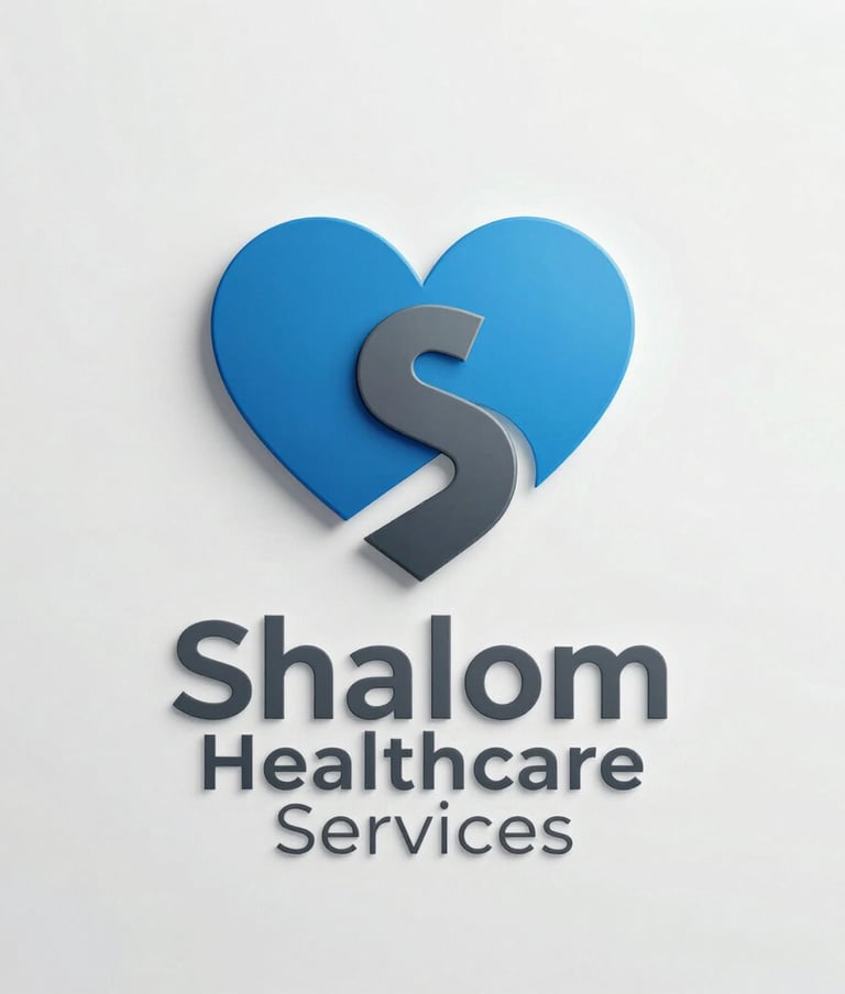 A clean and minimalist logo for Shalom Healthcare Services, featuring a simple steel blue heart integrated with a modern charcoal S shape, professional typography, presented on a crisp white background.