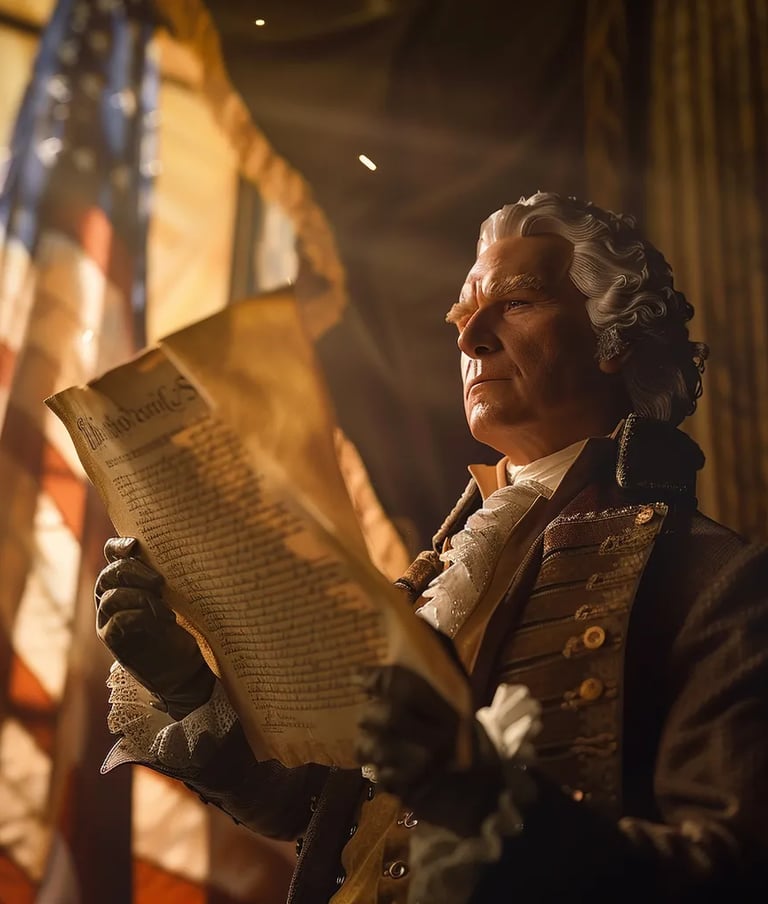 President Washington holding the proclamation, with intricate details of the parchment and his forma