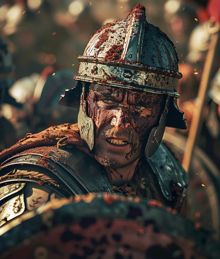 Roman centurion rallying his troops amidst the chaos, his armor battered and face smeared with dirt 