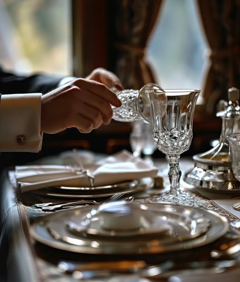finely set table in the train's dining car. Crystal glasses, silver cutlery, and fine china