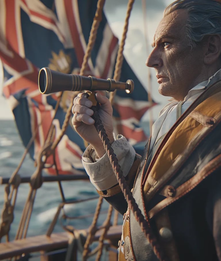 f Captain James Cook standing on the deck of the Endeavour, holding a spyglass 