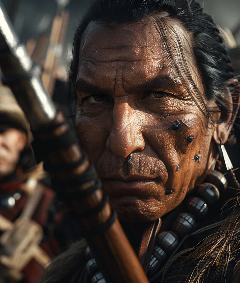 Shawnee leader Tecumseh in the heat of battle, wearing traditional Native American attire