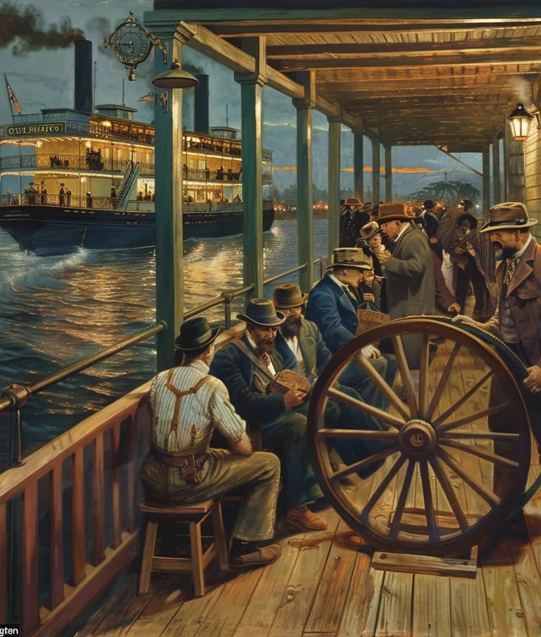 main deck of the "Washington" steamboat, with passengers seated on wooden benches