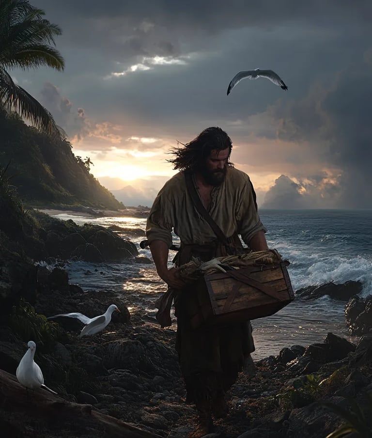 Robinson Crusoe, now alone on the deserted island, scavenging the wreckage for tools and supplies