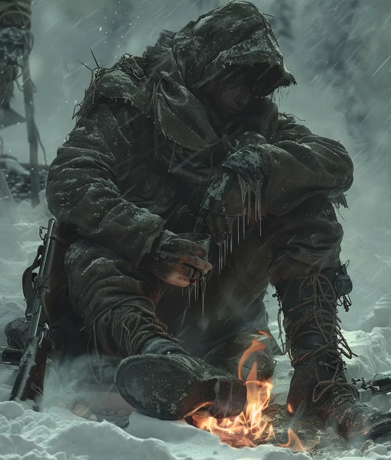 French soldier huddled by a dying fire