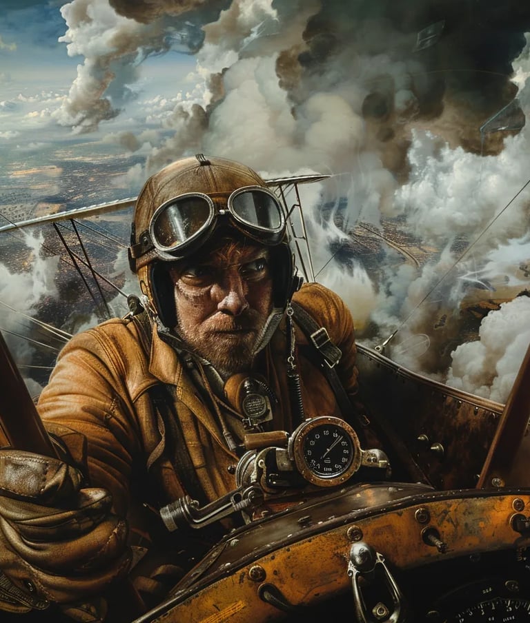 close-up of a pilot mid-race, steering a biplane through turbulent clouds.