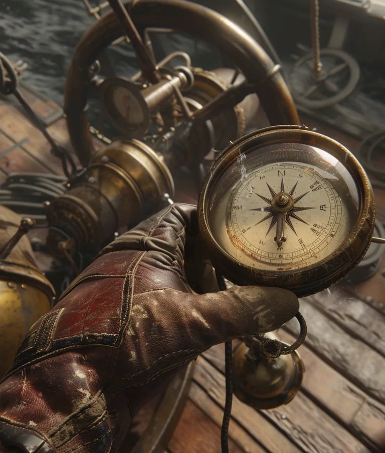 Wellman gripping a large brass compass, the needle twitching as strong winds buffet the airship