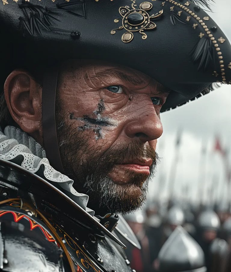 Dutch militia leader giving commands atop the fortified city wall, wearing traditional 16th-century 